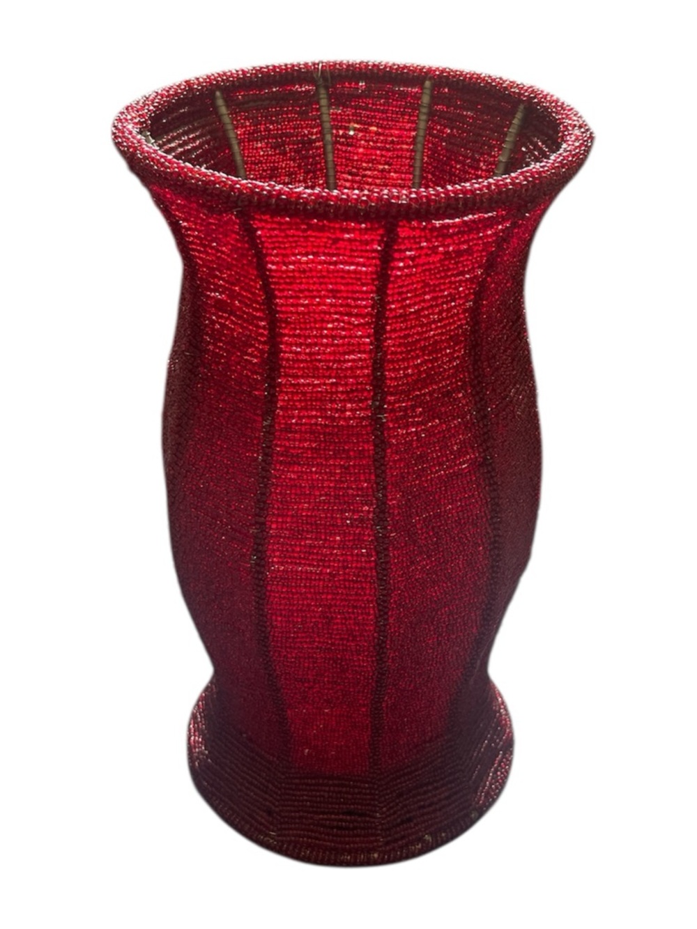 Vintage Red Beaded Hurricane Candle Holder Seed Beads